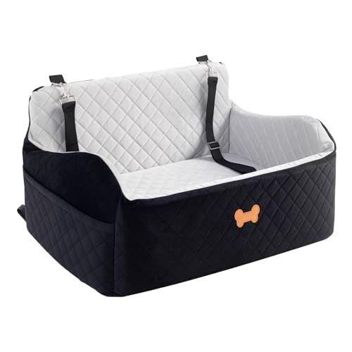 Car Seat for Large Size Dog, Booster Seat for Dogs Under 55 lbs or 2 Small Dogs, Soft Car Dog Bed Filling in Thick Memory Foam with 2 Safety Leashes and Storage Pocket (Grey/Black) - color: Grey/Black