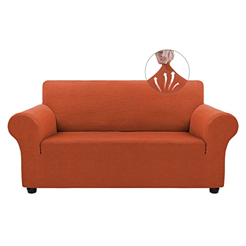 Asnomy Sofa Covers for 2 Cushion Couch Stretch Loveseat Slipcovers, Pet Protector Furniture Covers for Dogs Cats Spandex Jacquard Fabric Small Checks (Medium, Pumpkin) - color: Punpkin, size: Medium