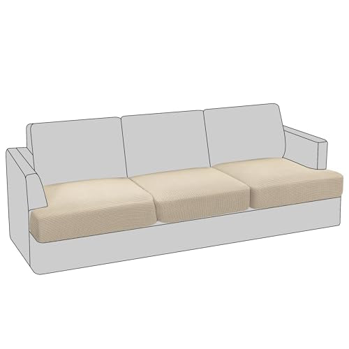 PrinceDeco 3 Piece Sofa Slipcovers for T Cushion Couch Cover T Shaped 3 Cushion Couch Sofa Seat Cover with Elastic Bottom Pets Friendly Jacquard Small Checked,Natural - color: Natural, size: 3 Cushion Sofa