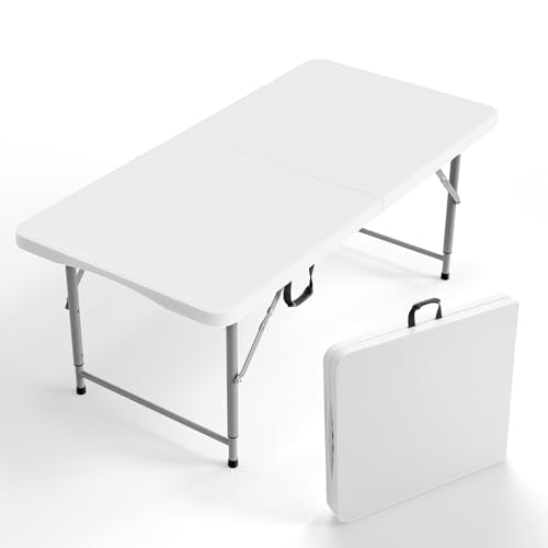 VINGLI 4 FT Plastic Folding Camping Table,3-Level Adjustable Height, Portable in/Outdoor Party Picnic Dining Desk, Garden Soccer Multipurpose Entertaining Activities，White - color: White, size: 4 ft