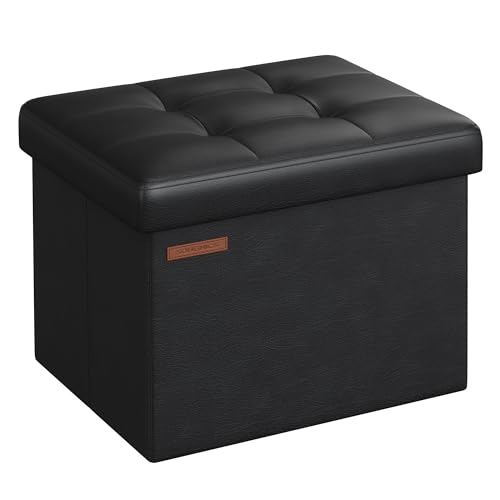SONGMICS Small Folding Storage Ottoman, Foot Rest Stool, Cube Footrest, Synthetic Leather, 12.2 x 16.1 x 12.2 Inches, 286 lb Capacity, for Living Room, Bedroom, Dorm, Ink Black ULSF100B01 - color: Ink Black, style: Synthetic Leather
