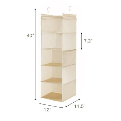 MAX Houser 5 Shelf Hanging Closet Organizer, Space Saver, Cloth Hanging Shelves with 4 Side Pockets, Foldable, Beige - color: Beige-6