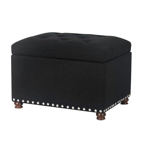 Joveco Storage Ottoman Bench, Rectangle 24″ Linen Foot Rest Stool Square Footstool for Living Room, Bedroom, Black - color: Line Black