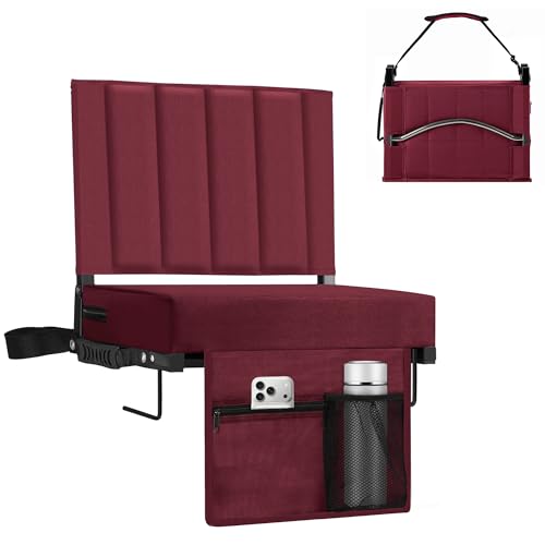 Stadium Seat for Bleachers with Back Support, Portable Bleacher Seat with Wide Comfy Padded Cushion, Metal Hook, Folding Stadium Chair with Shoulder Strap, Carry Handle, Cup Holder, Burgundy - color: Burgundy
