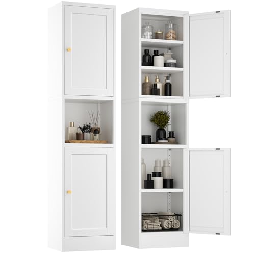 YAUWOH 2-Door Metal Storage Cabinet, Tall Slim Pantry Organizer with 3 Adjustable Shelves (120LBS/Shelf), Anti-Tipping Waterproof Cabinet for Bathroom/Kitchen/Home Office/Small Spaces, (1PC,White) - color: White, size: 67"H-2 Doors
