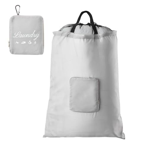 Travel Laundry Bag, JHX Foldable Dirty Clothes Bags 【Upgraded】 with Fixed Drawstring Net, Handles and Carabiner, Portable Laundry Bags for Travel, Fitness, and Students (1Pcs Grey) 30"H x 21"W - color: 1Pcs Grey