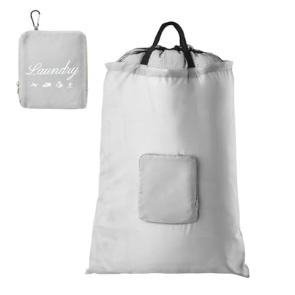 Travel Laundry Bag, JHX Foldable Dirty Clothes Bags 【Upgraded】 with Fixed Drawstring Net, Handles and Carabiner, Portable Laundry Bags for Travel, Fitness, and Students (1Pcs Grey) 30"H x 21"W - color: 1Pcs Grey