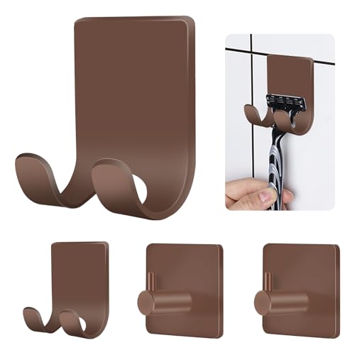 CGBE 4 Pack Shower Hooks - Self Adhesive Shaver Holder Hanger for Bathroom, Damage Free Wall Hooks for Razor, Loofah Sponge - Brown - color: Brown, size: 4 Pack