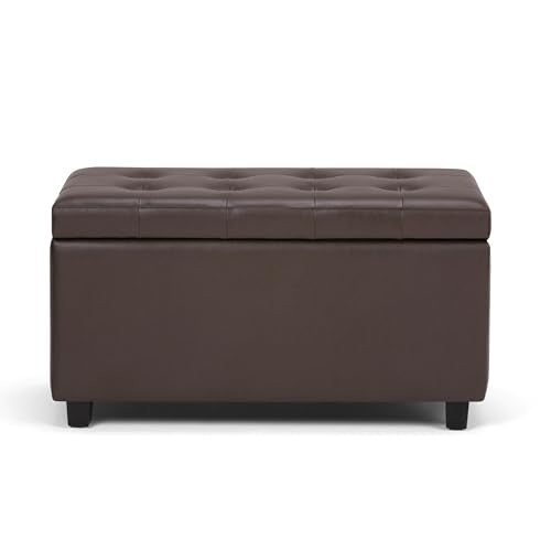 SIMPLIHOME Cosmopolitan Storage Ottoman - 34 inch Wide Upholstered Vegan Leather Rectangle Storage Ottoman Bench in Chocolate Brown, Transitional Tufted Ottoman for Living Room with Lift-Up Lid - color: Chocolate Brown