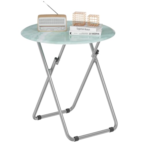 Folding TV Trays, Round Tray Table, Small Foldable Table with Light Weight, Portable Dinner Table for Eating, Snack Side Trays Table, 17.5 x 17.5 x 26 in (Ocean Blue Marble) - color: Ocean Blue Marble, size: 1pc