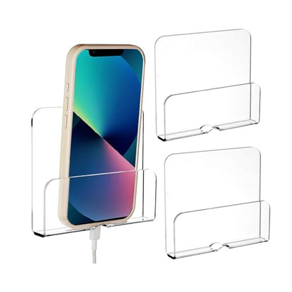 MIUPOO Clear Wall Mounted Phone Holder,Acrylic Phone Stand Self Adhesive with Charging Hole,Smartphone Cradle Bedside Organizer Remote Control Stand for RV Charging,2 Pieces. (2, Clear)