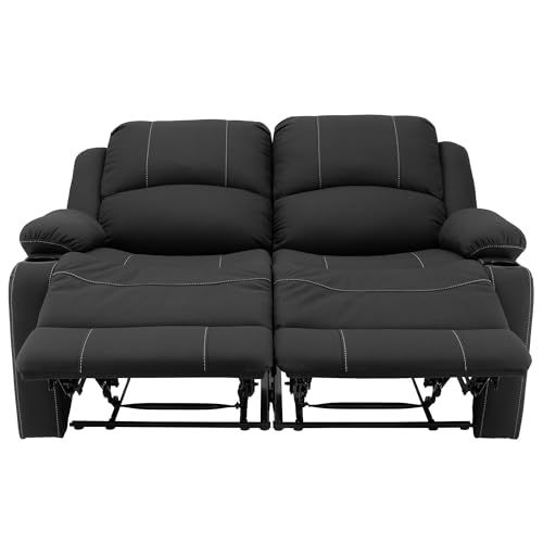 Camper Comfort 58" Wall Hugger Reclining RV Theater Seats | Double Recliner RV Sofa | RV Couch | Wall Hugger Recliner | RV Theater Seating | RV Furniture (Powered, Black w/White Stiching) - color: Black W/ White Stiching, style: Powered