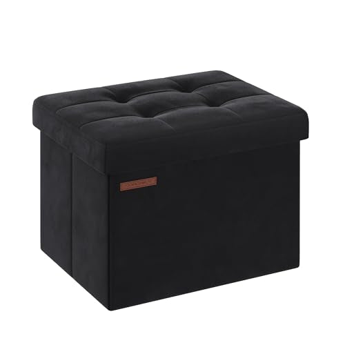 SONGMICS Storage Ottoman, Foldable Small Ottoman Foot Rest, 12.2 x 16.1 Inches Foot Stool, Ottoman with Storage, Load up to 286 lb, for Living Room, Bedroom, Dorm, Ink Black ULSF200B01 - color: Ink Black, style: Velvet