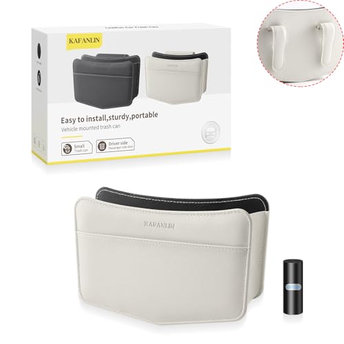 Car Trash Can Small Leather Vehicle Trash Bin Car Dustbin Garbage Organizer Holder with Trash Bag Foldable Mini Cars Storage Bag Container for Auto SUV Van Trucks (White,Clip on) - color: white, style: clip on