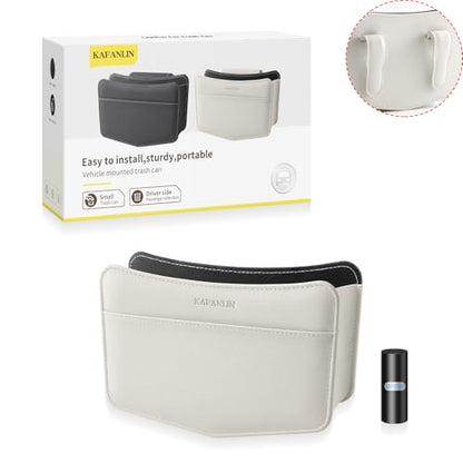 Car Trash Can Small Leather Vehicle Trash Bin Car Dustbin Garbage Organizer Holder with Trash Bag Foldable Mini Cars Storage Bag Container for Auto SUV Van Trucks (White,Clip on) - color: white, style: clip on
