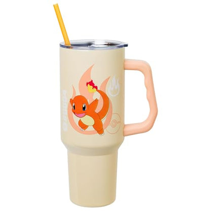 Silver Buffalo Pokémon Featuring Charmander Stainless Steel Tumbler with Handle, Fits in Standard Cup Holder, 40 Ounces - color: Charmander Pokemon