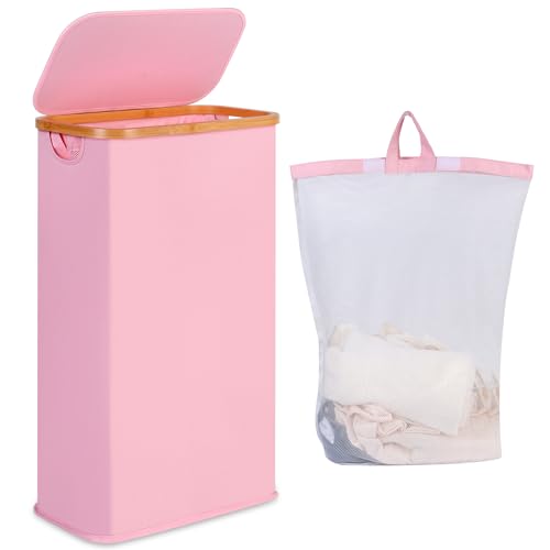 iEGrow 65L Slim Laundry Hamper, Narrow Laundry Basket with Lid,Foldable Clothes Hamper with Bamboo Handles,Hamper Basket with Removable Inner Bag for Laundry Room Bedroom College Dorm,17.17 Gals Pink - color: Pink, size: 65L without Wheels