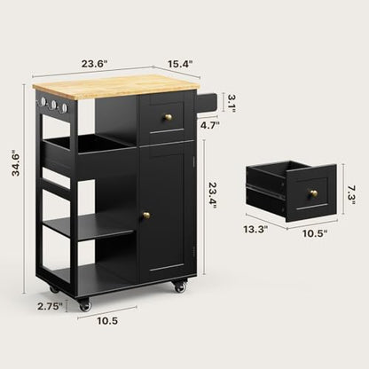 Gizoon Kitchen Island Cart on Wheels, with Thickened Wooden Countertop, Rolling Serving Utility Cart with Drawers and Doors, Bar Cart with Adjustable Shelf and Removable Tray for Dining Room, Black - color: Black & Tabletop-oak Color