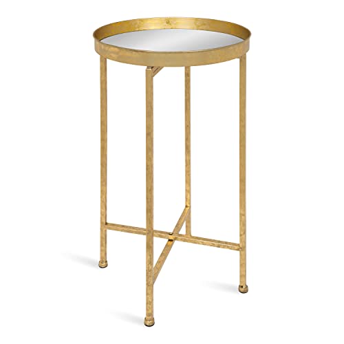 Kate and Laurel Celia Round Metal Foldable Accent Table with Mirror Tray Top, Gold - color: Gold/Mirror