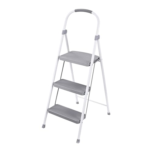 Rubbermaid 3 Step Folding Ladder, Steel Foldable Step Stool with Hand Grip, White - style: 3-Step