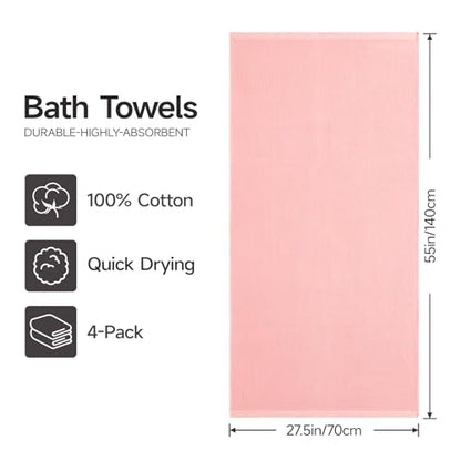 REDKISS 100% Cotton Waffle Weave Bath Towels 4 Pack - 27.5x55 Inches| Lightweight, Quick Dry & Highly Absorbent,Perfect for Spa, Gym, Travel, Guest Bathroom-Pink - color: Pink