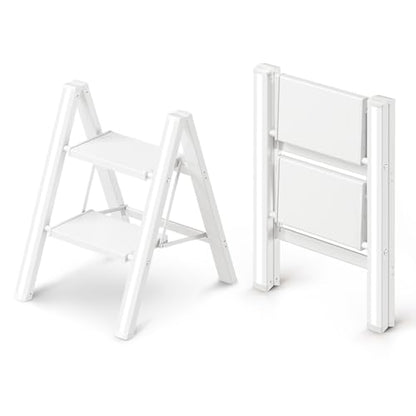 2 Step Ladder, Folding Step Stool with Wider Pedal, Anti-Slip Feet & Non Slip Stripes, Aluminum Sturdy Material, 300Lbs Capacity, Elegant Look of Modern White Better Matches Your Home - color: White, size: 2 Step