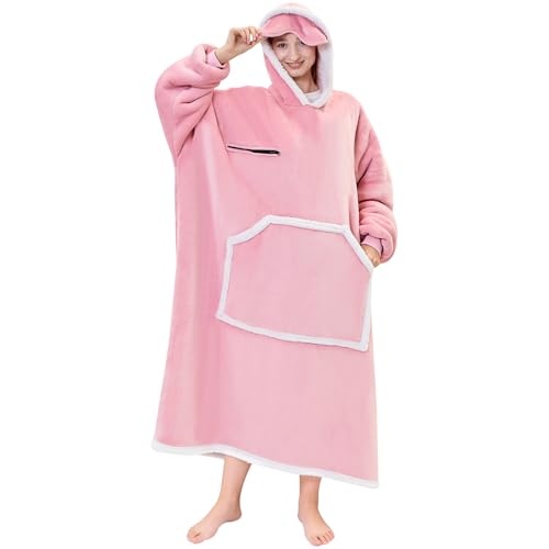 IFNOW Wearable Blanket Hoodie, Oversized Sherpa Fleece Hooded Sweatshirt with Eye Mask, Cozy and Giant Blanket Hoodie with Sleeves Extra Long for Adults Men Women, Pink - color: Pink, size: Adult