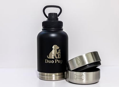 DuoPup 32oz Insulated Stainless Steel Pet Water & Food Bottle – Portable Leak-Resistant Dispenser with Two Detachable Bowls & Carrying Strap – Travel, Hiking & Outdoor Pet Hydration – White - color: White