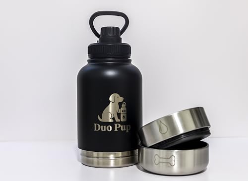 DuoPup 32oz Insulated Stainless Steel Pet Water & Food Bottle – Portable Leak-Resistant Dispenser with Two Detachable Bowls & Carrying Strap – Travel, Hiking & Outdoor Pet Hydration – Dark Green - color: Dark Green
