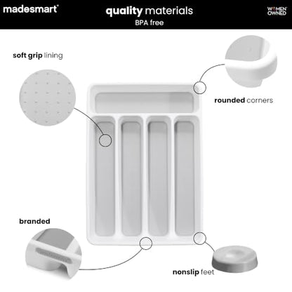 madesmart Small Silverware Tray, Compact 5 Compartment Flatware Organizer for Forks, Knives & Spoons, Non Slip, Soft Grip Lining, Fits Small Drawers, White - color: White