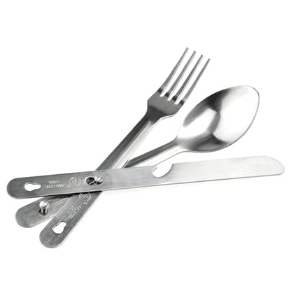 SE 4-in-1 Detachable Stainless Steel Utensil Set - Spoon, Fork, Knife, Bottle Opener - 6.5" Length, Compact for Camping, Hiking, Travel - Includes Clear Pouch - KC7043FSK