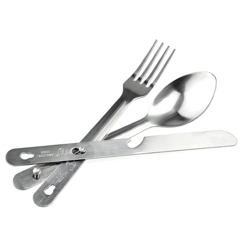 SE 4-in-1 Detachable Stainless Steel Utensil Set - Spoon, Fork, Knife, Bottle Opener - 6.5" Length, Compact for Camping, Hiking, Travel - Includes Clear Pouch - KC7043FSK