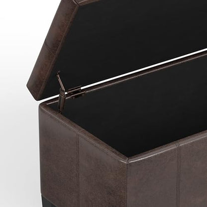 SIMPLIHOME Dover Storage Ottoman Bench - 36 inch Wide Upholstered Vegan Leather Rectangular Lift-Top Ottoman in Distressed Brown, Contemporary Bench for Living Room with Safety Hinges - color: Distressed Brown