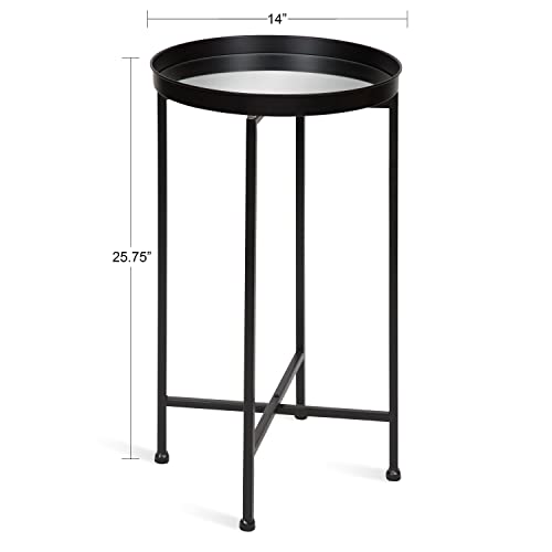 Kate and Laurel Celia Round Metal Foldable Accent Table with Mirror Tray Top, Black - color: Black/Mirror