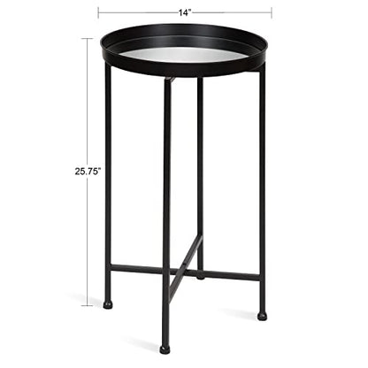 Kate and Laurel Celia Round Metal Foldable Accent Table with Mirror Tray Top, Black - color: Black/Mirror