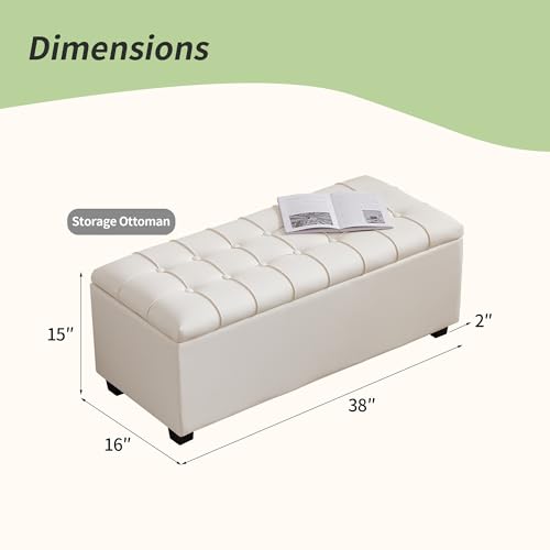 38-inch White Faux Leather Storage Ottoman Bench with Seat and Footrest Function - for Bedroom, Living Room & Entryway - color: White