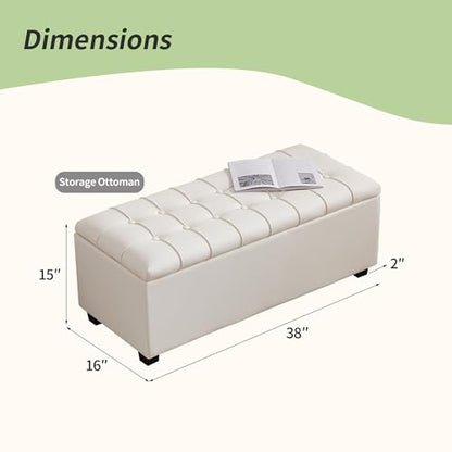38-inch White Faux Leather Storage Ottoman Bench with Seat and Footrest Function - for Bedroom, Living Room & Entryway - color: White