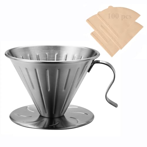 Lalord Pour Over Coffee Maker, 304 Stainless Steel wIth 100 pcs Size 02 Paper Filters (Coffee Dripper) - size: Coffee Dripper