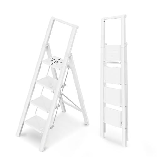 WOA WOA 4 Step Ladder for 10 Feet High Ceiling, Lightweight Foldable Ladder with Non-Slip Wide Pedals, Step Stool with Safe Handrail, Space Saving for Home, Kitchen, Indoor & Outdoor 300lbs - White - color: White, size: 4 Step