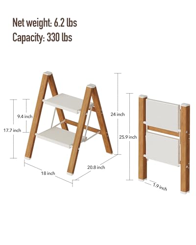 Mayi Plus 2-Step Aluminum Ladder,Lightweight Folding Step Stool with Extra-Wide Anti-Slip Steps,330 lbs Capacity,Compact Space-Saving Design for Home,Kitchen and Office（White&Woodgrain） - color: White&woodgrain, size: 2 Step