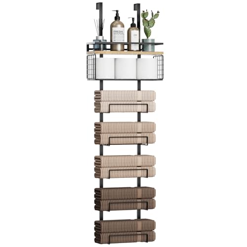 Aetyord Towel Racks for Bathroom Over The Door Towel Racks Towel Storage Organizer with Metal Shelf Basket for Bathroom Rv Camper (7-Tier Black with Wood Plank) - color: Black With Wood Plank, size: 7tier