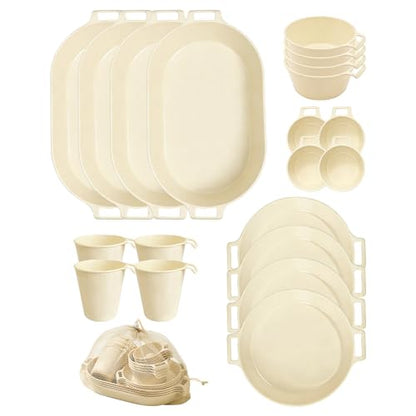 Dinnerware Set for 4, 21-Piece Unbreakable Plates and Bowls Set with Mesh Bag, Cups, Sauce Dishes and Serving Platters, Lightweight Outdoor Dish Set for Picnic, RV, Patio, BBQ, Cream White - color: Cream White