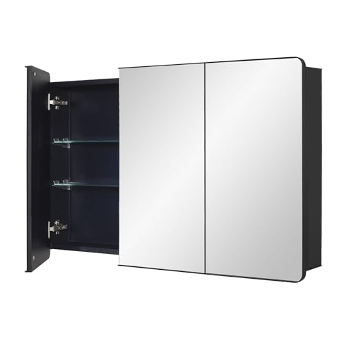 IDYLLOR Black Bathroom Medicine Cabinet with Round Corner Framed Door, 40 x 25.5 inch, Recessed or Surface Mount, with Adjustable Glass Shelves - size: 40 x 25.5 inch