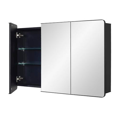 IDYLLOR Black Bathroom Medicine Cabinet with Round Corner Framed Door, 40 x 25.5 inch, Recessed or Surface Mount, with Adjustable Glass Shelves - size: 40 x 25.5 inch