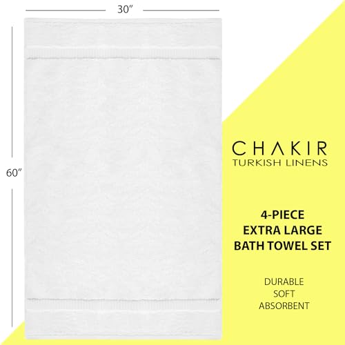 Chakir Turkish Linens 4 Piece Extra Large Bath Towels, 100% Cotton Luxury Turkish Towels for Bathroom, Soft Absorbent Bath Towels, 30 x 60 Inches, White - color: White