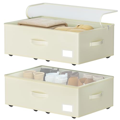 EE-RoomWorld Under Bed Storage with Wheels, No Assemble Required 10 inches height Under Bed Storage bins,Large capacity Rolling Underbed Shoe Storage containers，dorm underbed storage drawers - color: Beige, size: 10 inch height