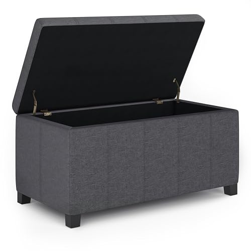 SIMPLIHOME Dover Storage Ottoman Bench - 36 inch Wide Upholstered Linen Look Fabric Rectangular Lift-Top Ottoman in Slate Grey, Contemporary Bench for Living Room with Safety Hinges - color: Slate Grey
