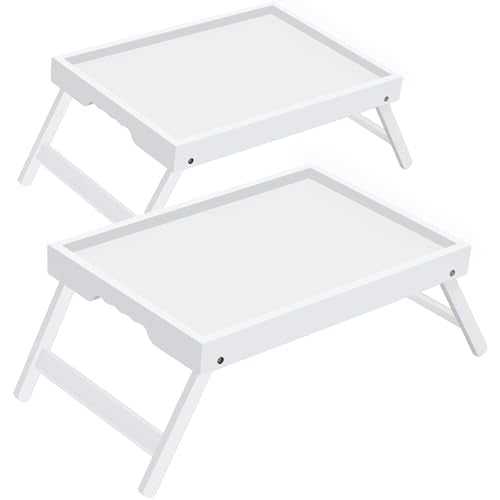 Large Breakfast Tray with Folding Legs Set of 2, 16.9" x 12.2" Bamboo Bed Tray Table with Ergonomic Wave Handles, Foldable TV Dinner Tray for Bed Couch Sofa, Breakfast, Laptop, Coffee,White - color: White, size: Large