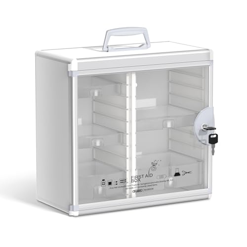 Glosen Lockable Medicine Cabinet with 5 Removable Trays, Wall Mounted & Portable Locking Medicine Cabinet Organizer with Key Lock for Home, Bathroom, Office - Aluminum Frame(13.6x6.5x12.4Inch) - color: Silver, size: 13inch