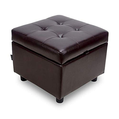 H&B Luxuries Tufted Leather Square Flip Top Storage Ottoman Cube Foot Rest (Brown with Storage) - color: Brown With Storage